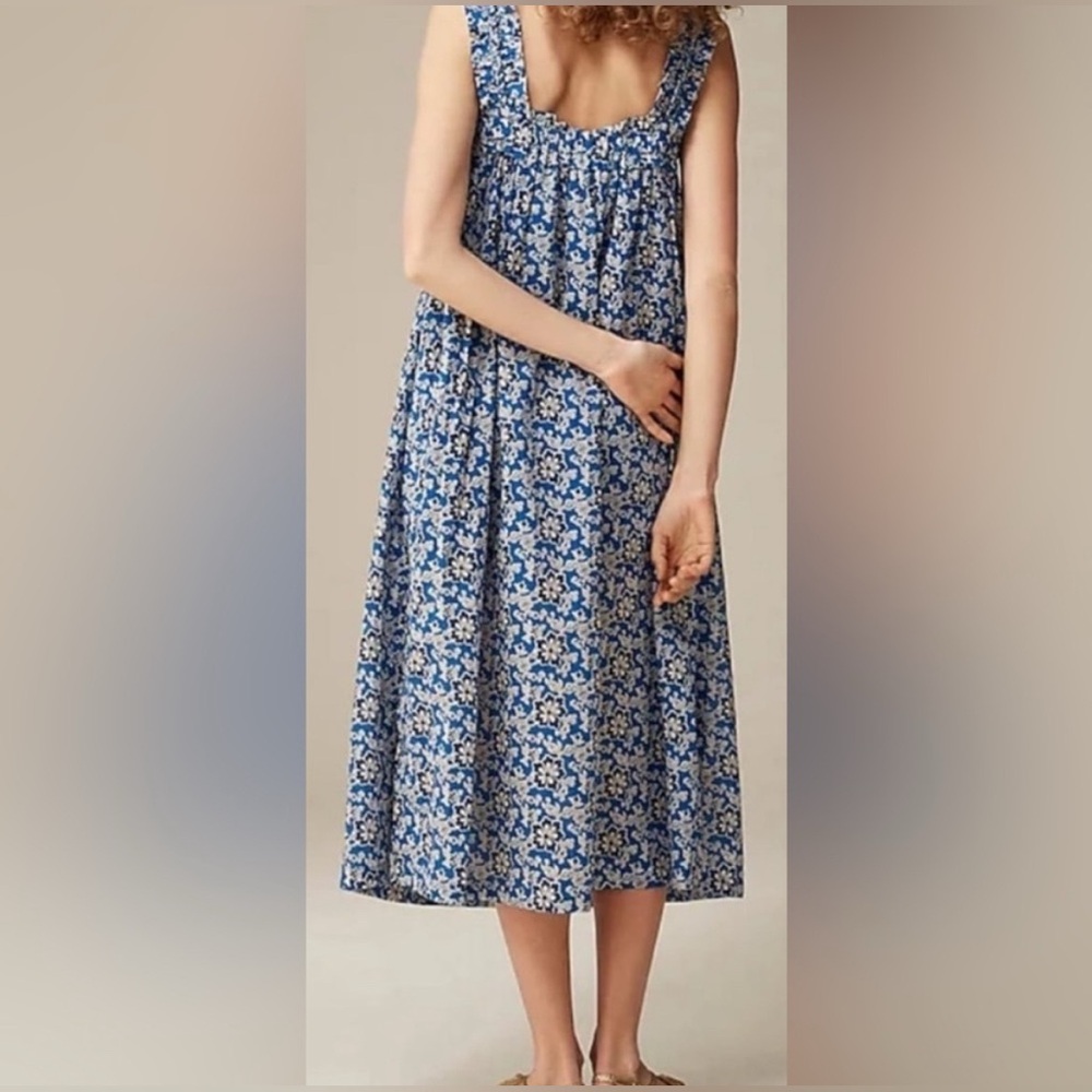 J Crew Cotton Voile Ruffle-Trim Shift Dress Cobalt Floral - Picture 2 of 16